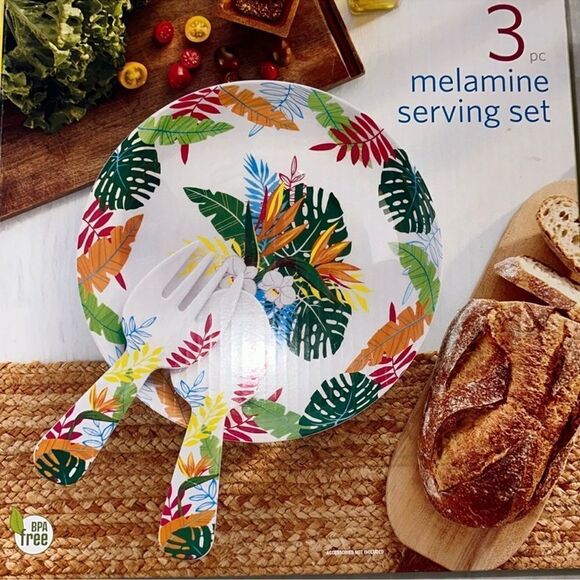 Wegmans Island Tropical Beach 3 pc Bowl Fork Spoon Melamine Serving Set NIP - Picture 2 of 8